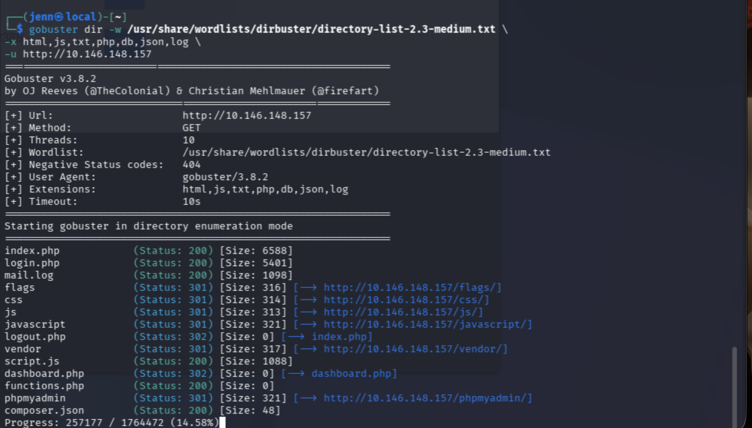 Gobuster partial results showing mail.log